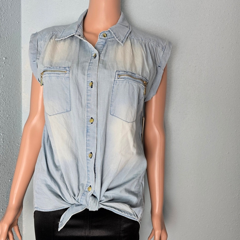 Takara Light Wash Cotton Denim Sleeveless Tie Front Top M NWT Zipper Pockets